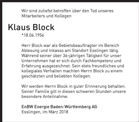 Traueranzeigen Von Klaus Block Stuttgart Gedenkt De