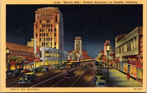 Miracle Mile Postcard La California Street Scene Night Whittington