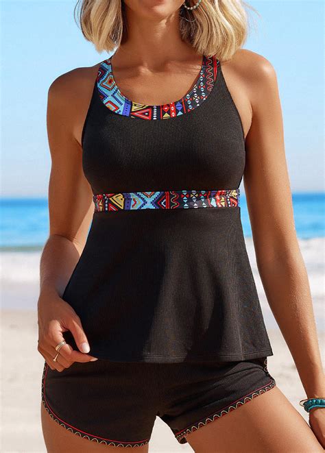 Patchwork Mid Waisted Tribal Print Black Tankini Set Modlily