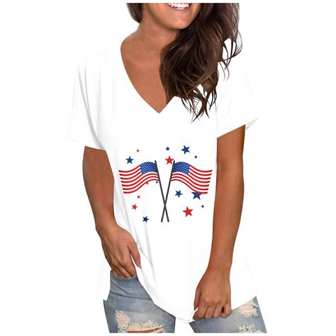 Posijego White T Shirts For Women Independence Day Tops 4th Of July V