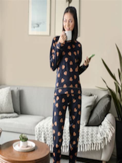 Buy Marks Spencer Women Navy Blue Brown Printed Night Suit Night