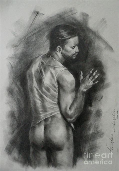 Original Drawing Sketch Charcoal Chalk Male Nude Gay Man Art Pencil On