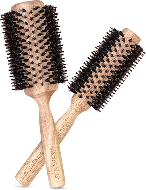 Navaris Round Boar Bristle Brush Set Of 2 Large Small Wooden Handle Anti Static Round