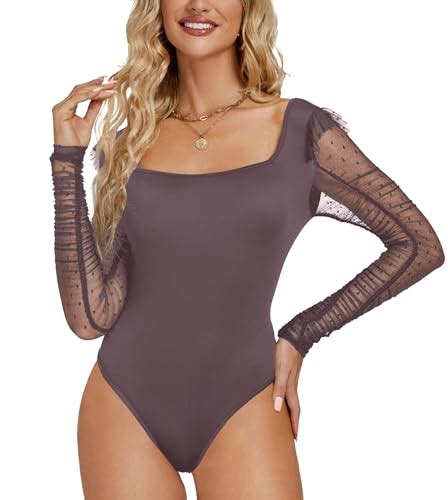 Rooscier Women S Mesh Dots Long Sleeve Square Neck Ruched Sexy Bodysuit