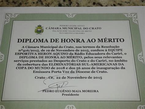 Diploma de Honra ao Mérito a Equipe de Esporte da Rádio Educadora do