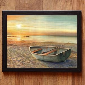 Boat Painting ORIGINAL, Sunset Beach Art, Framed Oil Painting, Seaside ...