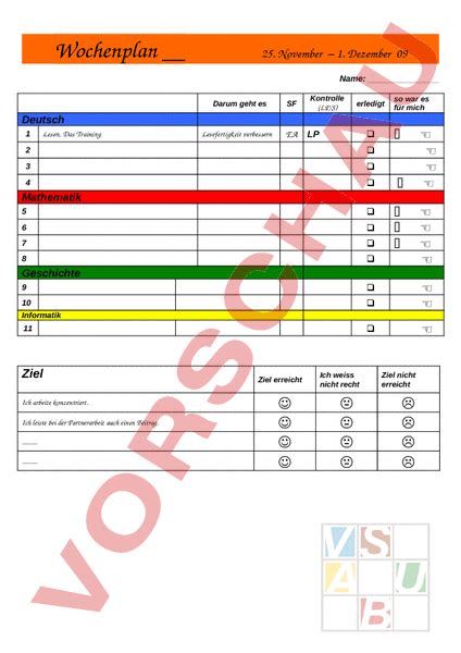 Arbeitsblatt Wochenplan Vorlage Administration Methodik Listen