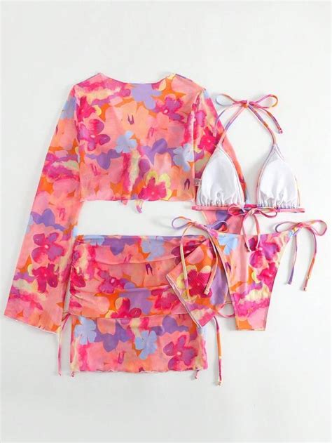 Shein Swim Y Glam Floral Print Knot Front Bikini Swimsuit With Cover Up