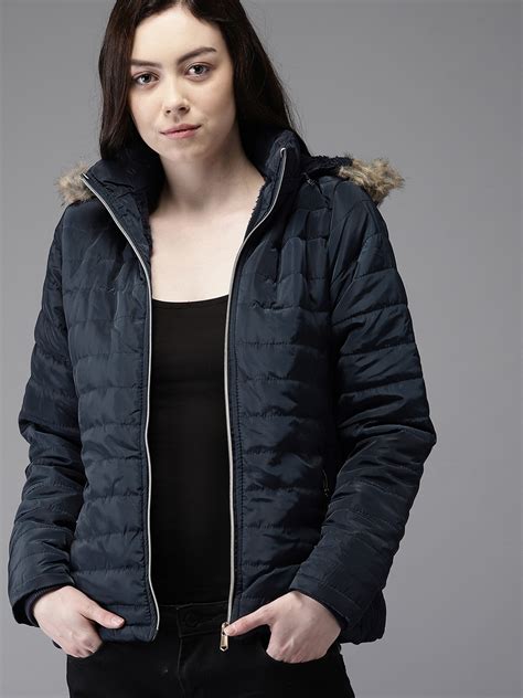 Buy Hereandnow Women Navy Blue Solid Parka Jackets For Women 6789076 Myntra