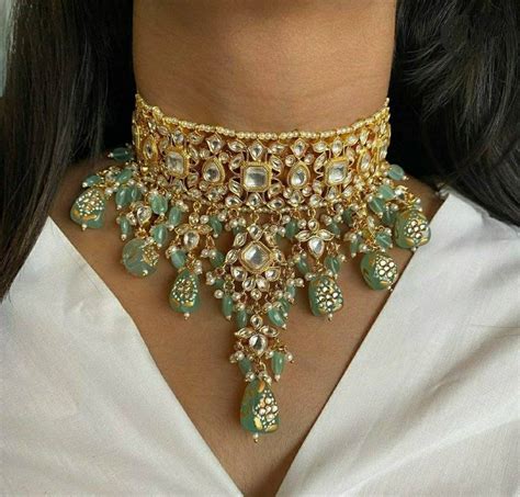 Gold Plated Pastel Green Mint Uncut Kundan Polki Necklace Set Mint