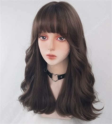 Light Brown Long Wavy Wig With Bangs Long Wavy Wig Curly Etsy