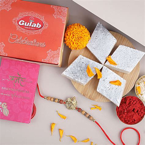 Buy Send Sneh Ganesha Rakhi With Gulab Kaju Katli Online FNP