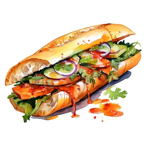 Premium Ai Image Watercolor Of A Delightful Banh Mi Sandwich Highlighting Its Beauty Painting