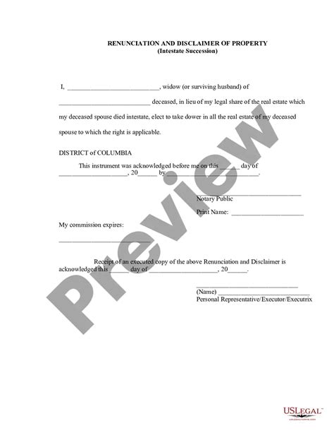 District Of Columbia Renunciation And Disclaimer Of Property Received By Intestate Succession