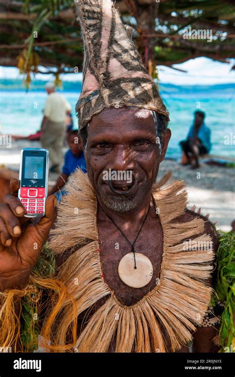 Tribesman Holds Mobile Phone Nendo Island Santa Cruz Islands Solomon