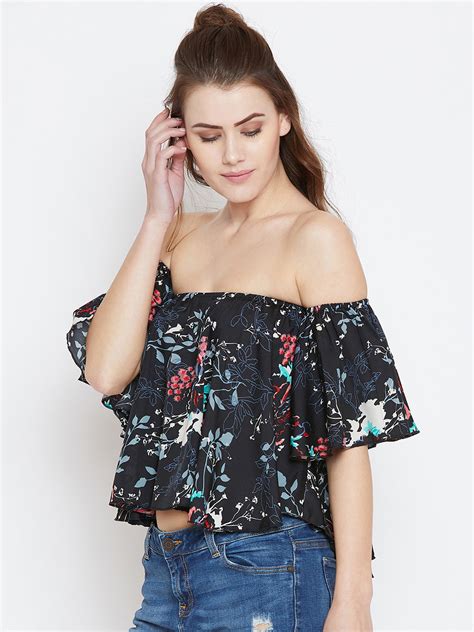 Berrylush Women Black And Multicoloured Floral Printed Off Shoulder Neck