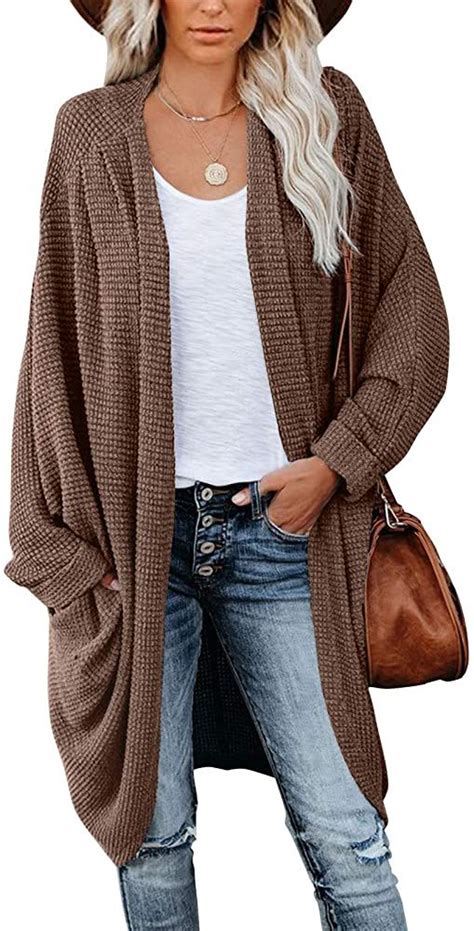 Merokeety Women S Fall Waffle Knit Batwing Long Sleeve Cardigan