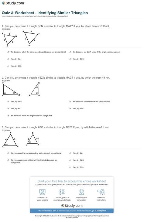 Quiz Worksheet Identifying Similar Triangles Study Db Excel