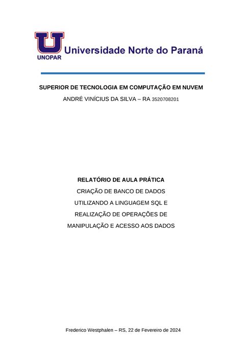 Relatório De Aula Prática Programacao Banco De Dados Superior De Tecnologia Em ComputaÇÃo Em