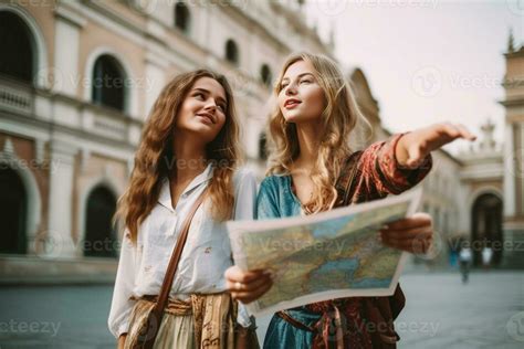 Outdoor Photo Of Two Girls Enjoying Sightseeing Gorgeous Female