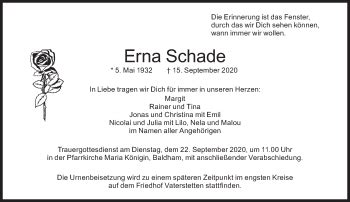 Traueranzeigen Von Erna Schade Sz Gedenken De