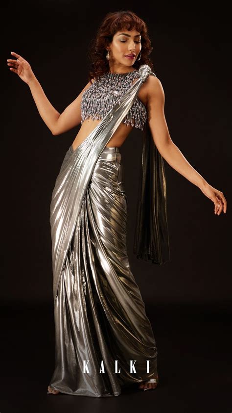 Metallic Silver Pre Pleated Saree In Satin With An Embroidered Halter