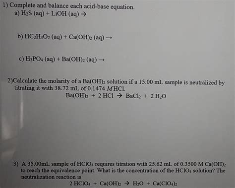 Solved Complete And Balance Each Acid Base Equation A Chegg