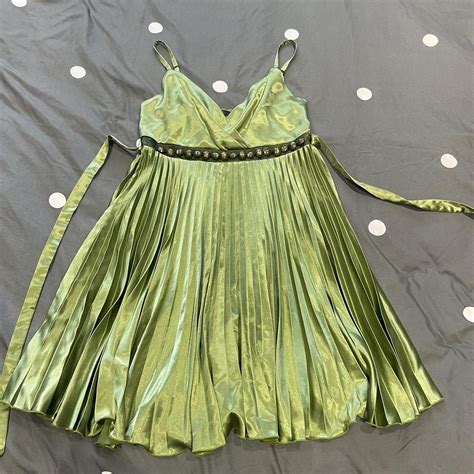 GREEN METALLIC MINI DRESS - bronze detail - ties... - Depop