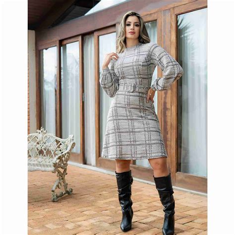 Vestido Midi Em Malha Tweed Cinto Luciana Pais 93579 E