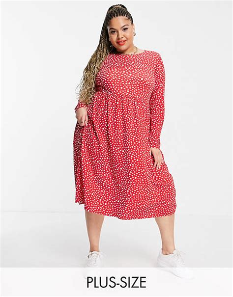 Wednesdays Girl Curve Long Sleeve Midi Smock Dress In Red Smudge Spot