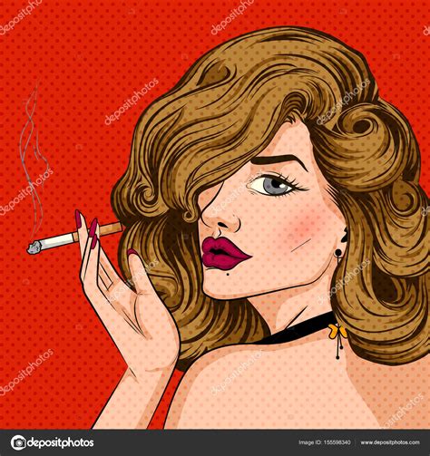 Pop Art Estilo Retro Señora Fumar Cigarrillo Vector Gráfico Vectorial