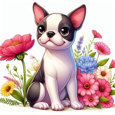 Premium Vector Cute Boston Terrier Dogs And Flower Vector Cartoon