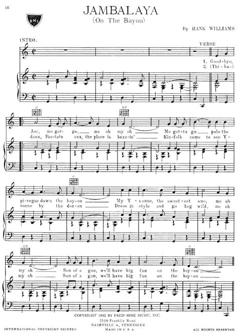 Hank Williams Jambalaya On The Bayou Sheet Music Pdf Free Score Download ★