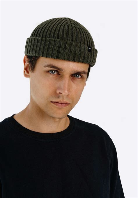 Army Green Fisherman Beanie Merino Wool Ribbed Fisherman Beanie Short