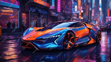 Premium Ai Image Futuristic Blue And Orange Sports Car On City Street