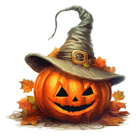 Halloween Pumpkin With Witch Hat Scary Pumpkin Lantern With Evil Smile