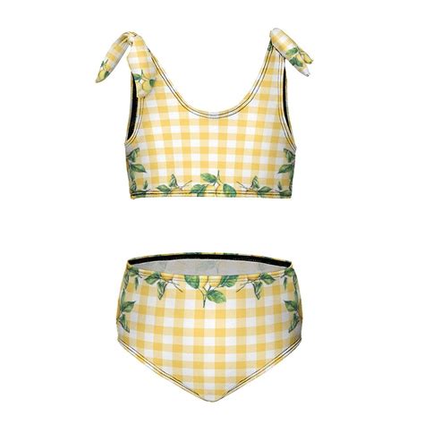 Lemons And Leaves On A Yellow And White Background Girl S Piece Bikini Set Beach Sport