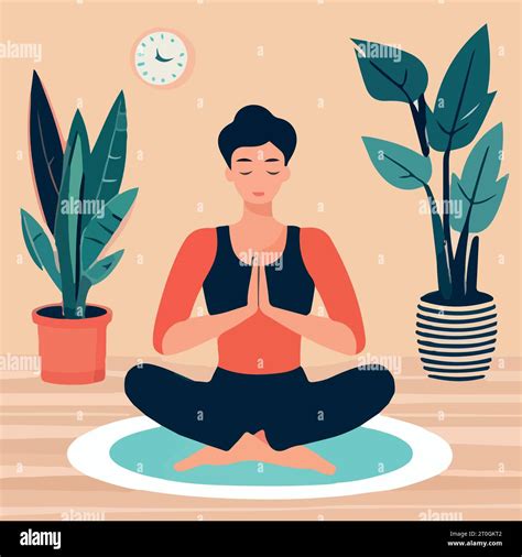 Woman Meditating In Nature And Leaves Concept Illustration For Yoga