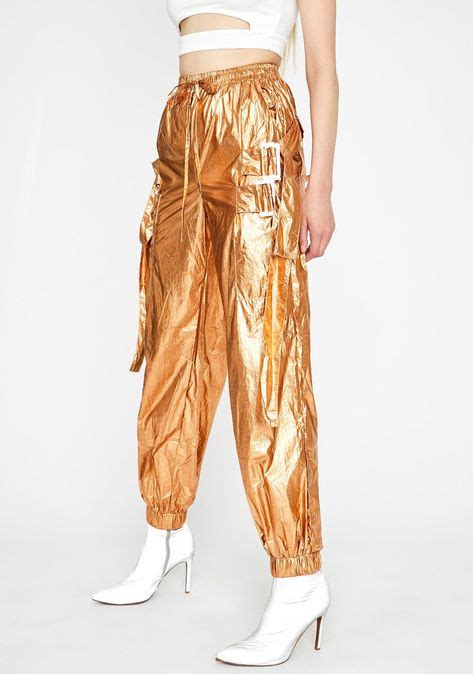 Rose Gold Metallic Strappy Cargo Pants Dolls Kill Button Trousers