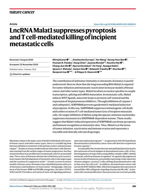 Lncrna Malat Suppresses Pyroptosis And T Cell Mediated Killing Of