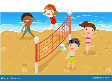 Happy Kids Playing Beach Volleyball Stock Vector Illustration Of