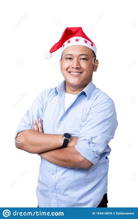 Portrait Of Casual Asian Man Wear Red Santa Hat Stock Photo Image Of