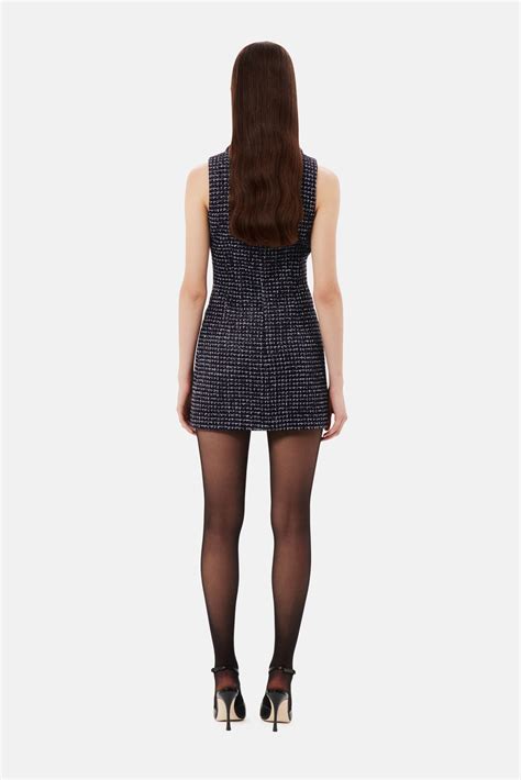 Alessandra Rich Sequin Checked Tweed Sleeveless Mini Dress Designer