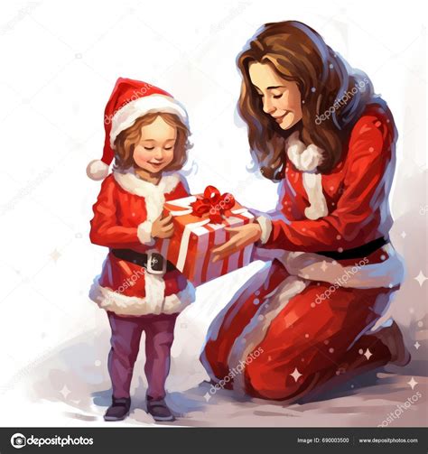 Happy Mother Daughter Santa Claus Costume Christmas Tree Stock Vector By ©feepic 690003500