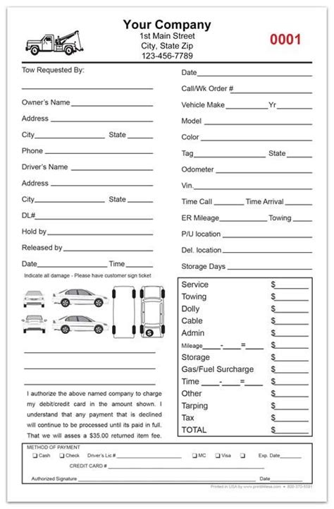 Custom Printed Towing Service Form Printit Less Towing Service