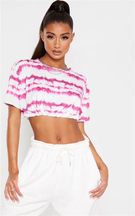 Pink Tie Dye Printed Tie Hem Crop Top | Tops | PrettyLittleThing