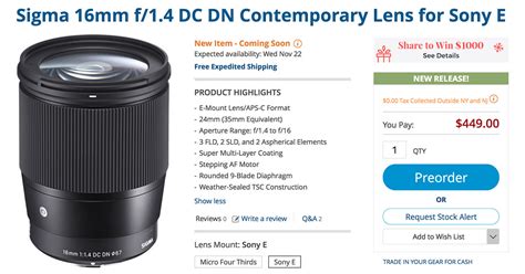 Sigma Contemporary 16mm F1 4 Dc Dn Aps C