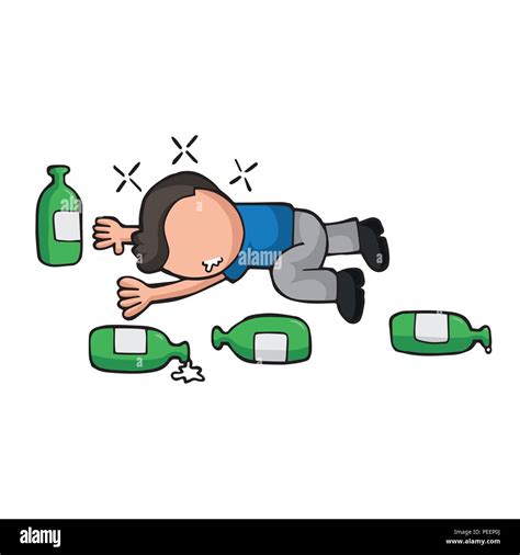 Vector Hand Drawn Cartoon Illustration Of Drunk Man Lying On Floor With