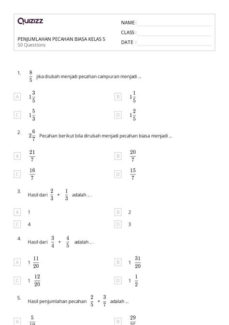 Lembar Kerja Menjumlahkan Pecahan Dengan Penyebut Yang Sama Untuk