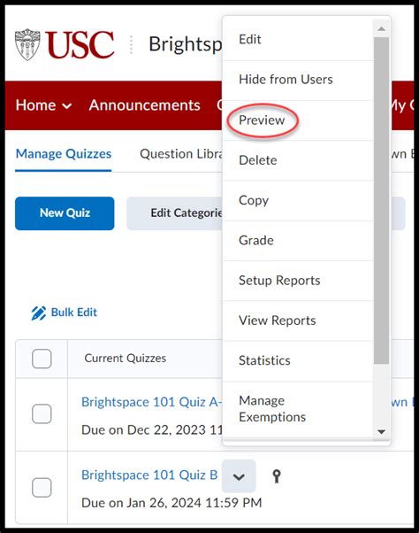 Quiz Activity Preview USC Brightspace Help